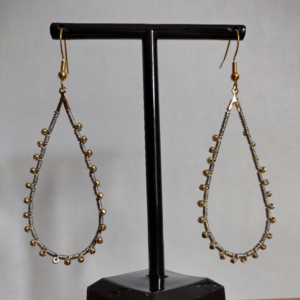 Trendy 3" Silver Wire Wrapped Gold Beaded Tear Drop Dangle S925 Earrings